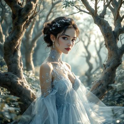 The primary subject of the image is a woman wearing a white dress, standing in a forest with trees in the background. The setting appears to be a natural environment, possibly a fairy tale or fantasy scene. The visual style of the image is a combination of photo and digital art, creating a unique and artistic representation of the woman in the forest. The colors and mood of the image are predominantly white and serene, with the woman's dress and the surrounding trees adding a touch of elegance and tranquility